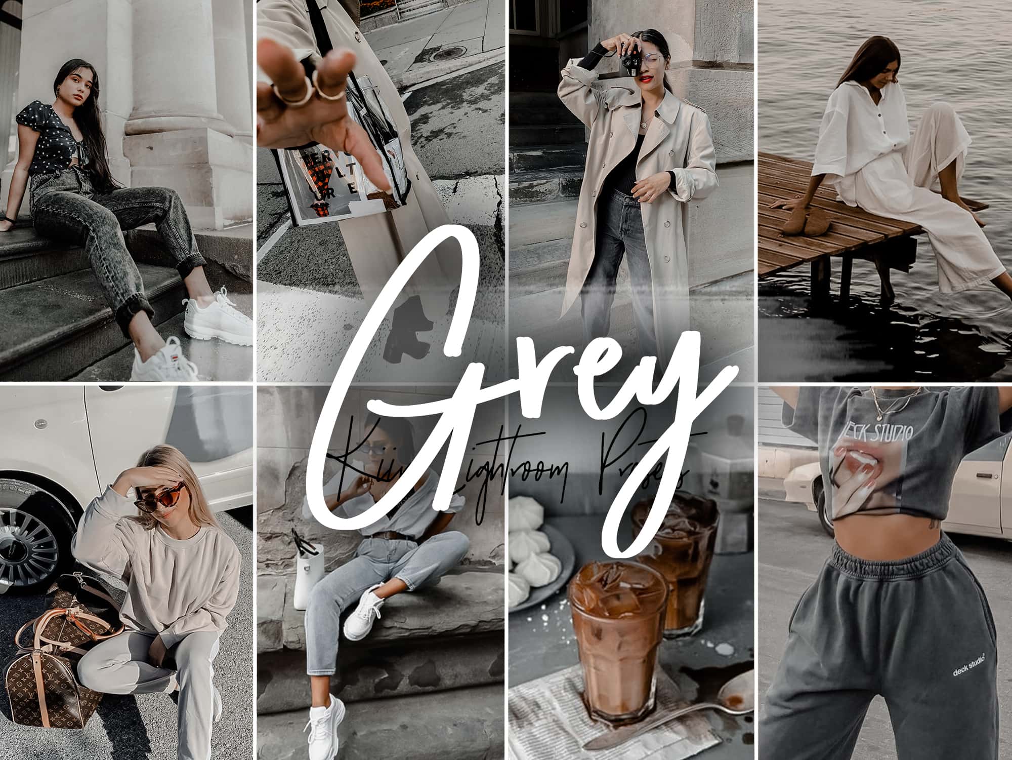 Preview of Grey Presets collection from PresetLove, featuring a before and after comparison of a photo edited with one of the presets.