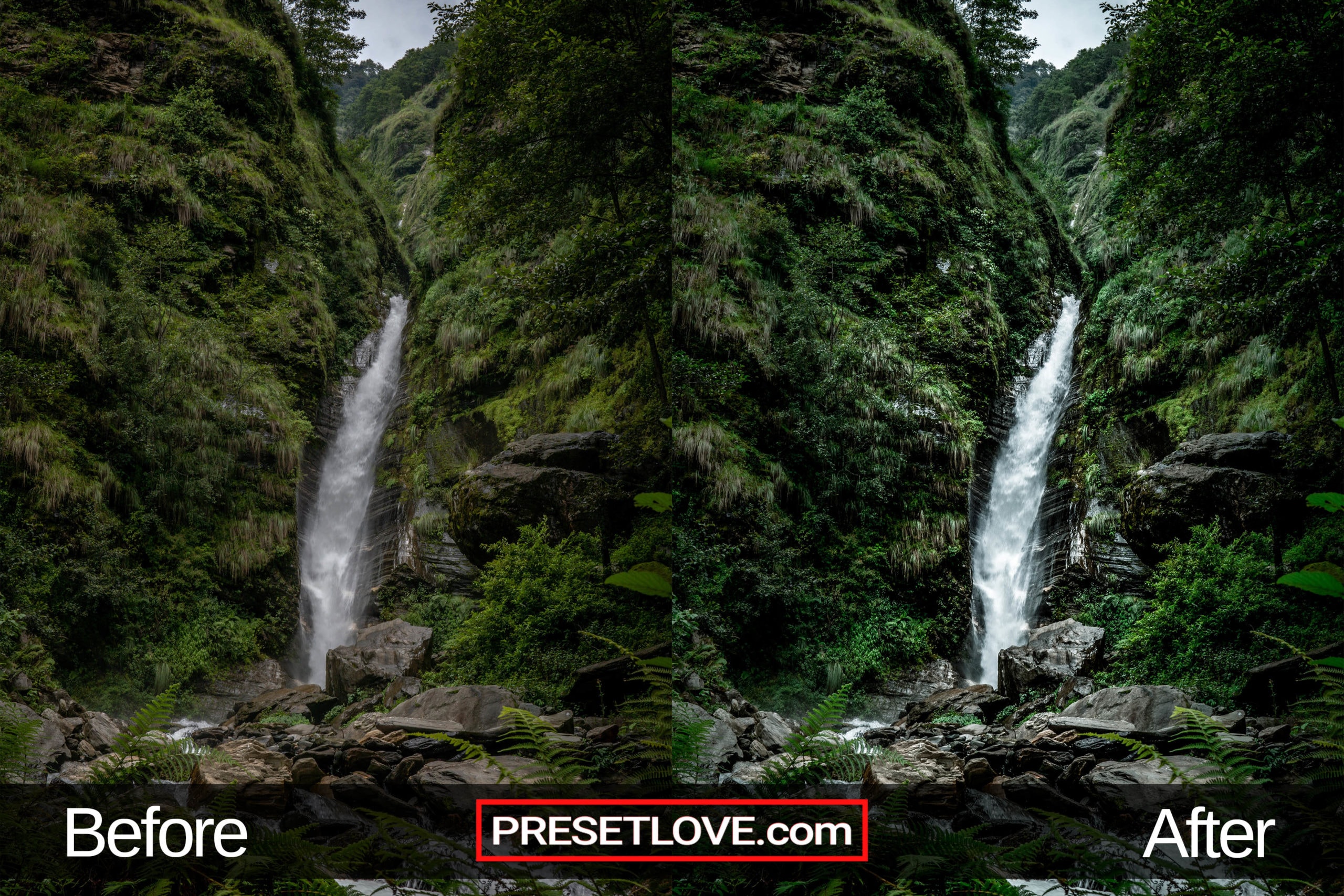 Transform your nature photos with PresetLove's 'Flora Falls' preset - a captivating edit that enhances the colors and details of flora and waterfalls, creating a breathtaking before and after comparison that showcases the beauty of nature.
