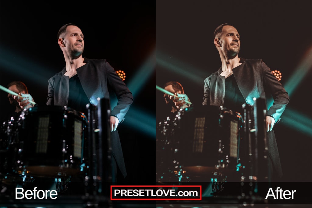 Photo of a drummer in a music concert, with a cinematic free Lightroom preset applied